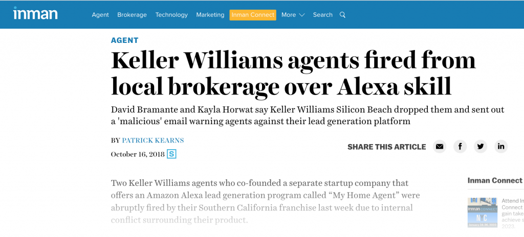 Keller Williams agents fired from local brokerage over Alexa skill